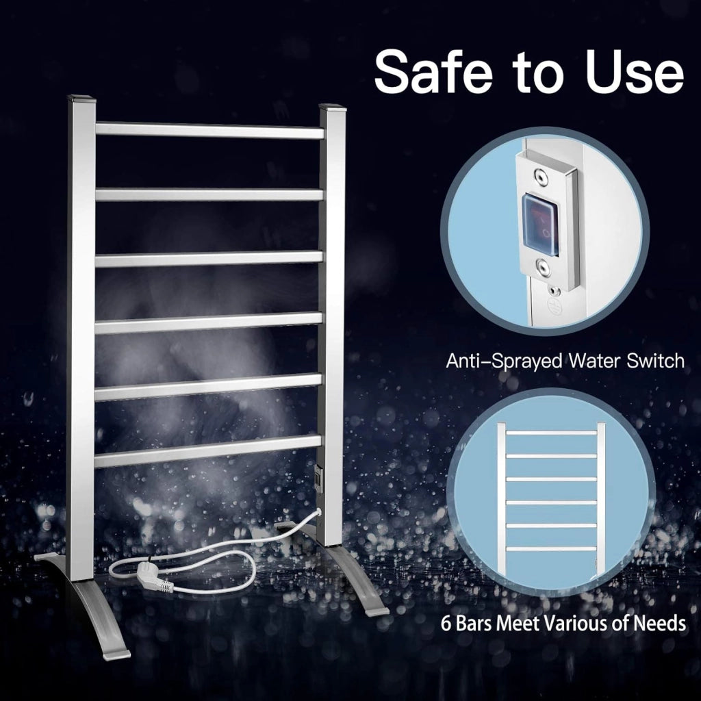 GIANTEX Radiatore Asciugamani Elettrico Bagno, Porta Asciugamani 100W Riscaldato, 2 in 1, Asciugamani su Piede e Parete in Alluminio con 6 Barre, 45-50°C, Argento