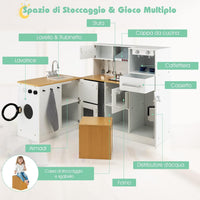 Cucina Giocattolo per Bambini, Cucina Legno per Bambini con Lavatrice, Macchina da Caffè, Forno, Microonde, Lavello e Rubinetto, Funzione Luci e Suoni, per Bambini 3+ Anni