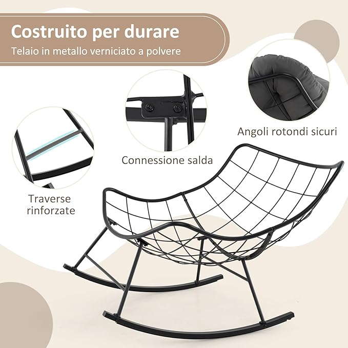 Sedia a Dondolo, Poltrona Relax Ergonomica, Poltrona Sovradimensionato con Cuscino Imbottito, Sedia a Uovo con Struttura Metallica, per Soggiorno Portico Giardino, Portata 205 kg (Grigio)