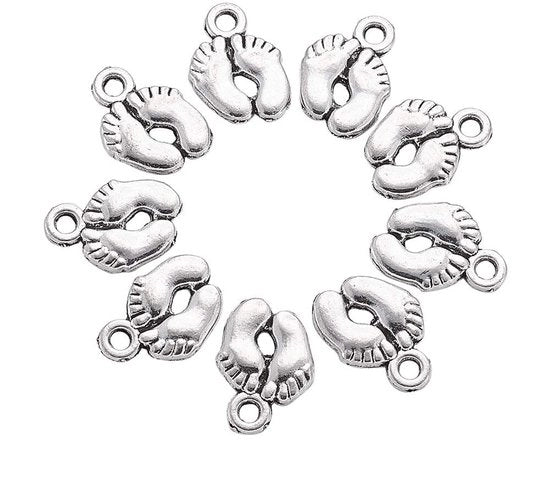 Hangers per impronta di piede in argento antico - 50 pezzi - Miniature per la creazione di gioielli - Sostenibili - Adatti a compleanni di bambino - 14mm x 10mm