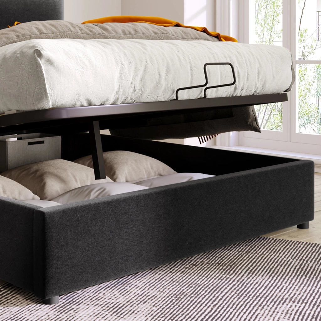Letto matrimoniale imbottito 140x200 cm con testiera regolabile e contenitore; velluto nero