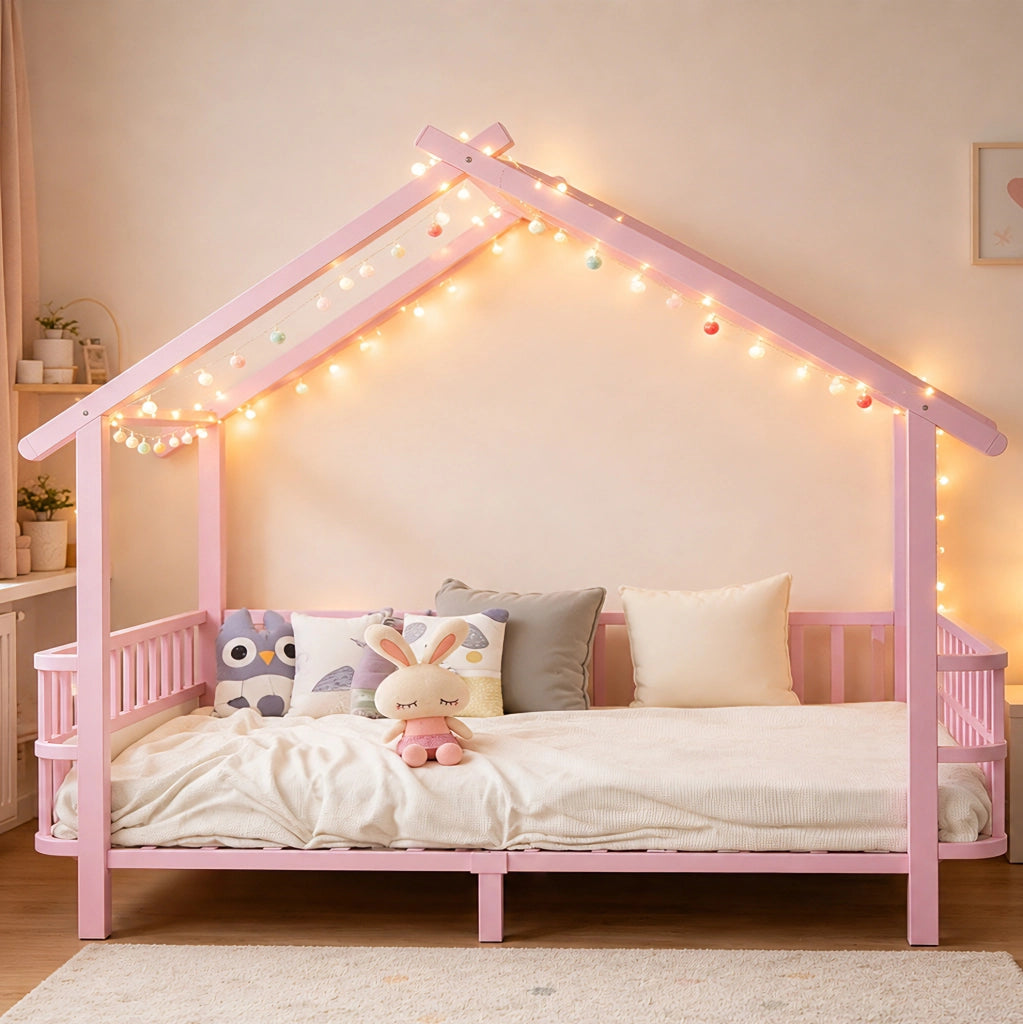Letto a forma di casa 90x200 cm con sponde di sicurezza in metallo rosa