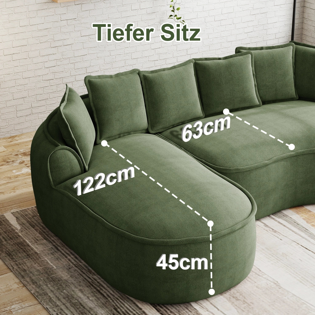 Divano modulare senza struttura in ciniglia con due moduli, seduta profonda, braccioli larghi e funzione letto verde