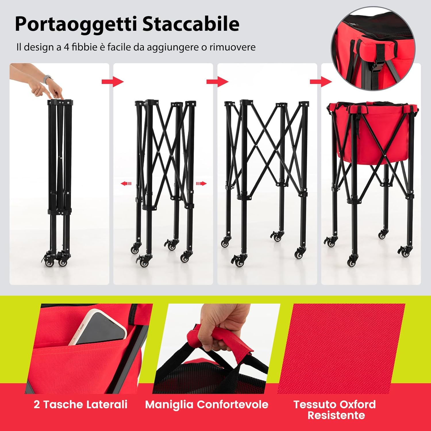 Carrello Porta Palline da Tennis, Carrello da Tennis Pieghevole in Alluminio con Ruote Frenate, Borsa Rimovibile Tasche Laterali, Borsa per Il Trasporto, Max 150 Palline Tennis