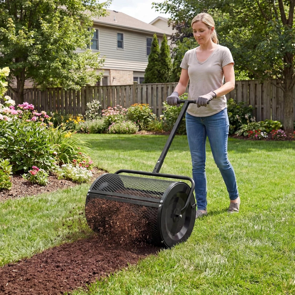 Spandiconcime a Rullo, Rullo da Giardino con Impugnatura Pratica Chiusure Laterali e Rete in Metallo per Concimazione e Semina, Spandiconcime per Prato e Giardino (40 x 61 cm Nero)