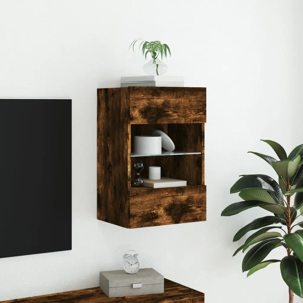 Mobile TV a Parete con Luci LED-Mobile TV a Muro Rovere Fumo 40x30x60,5 cm