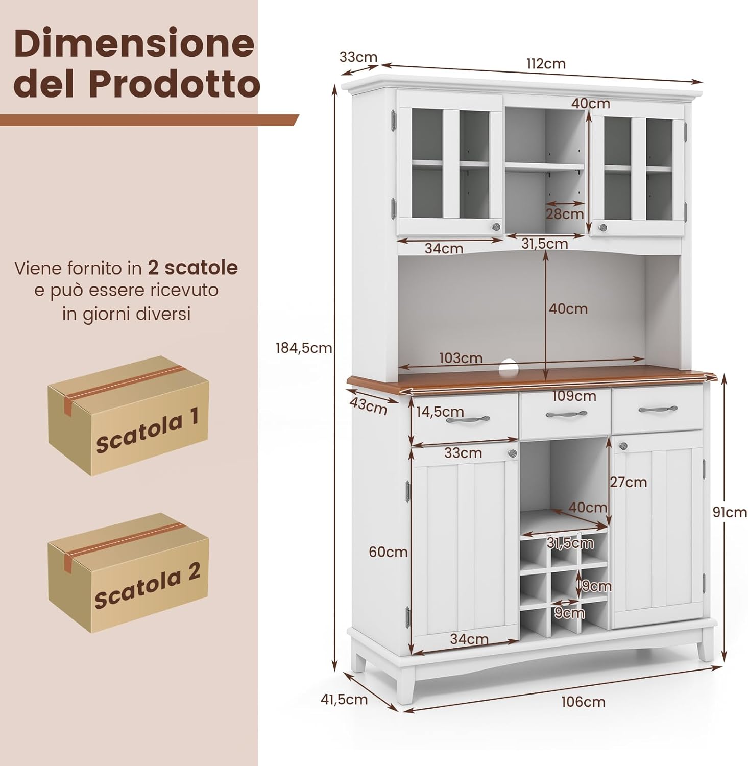 Credenza da Cucina, Armadietto Dispensa da Cucina Alto con Ante in Vetro Temperato, Portabottiglie, Ripiani Regolabili, Mobile Moderno per Cucina con 3 Cassetti e Ripiani Aperti (Bianco)