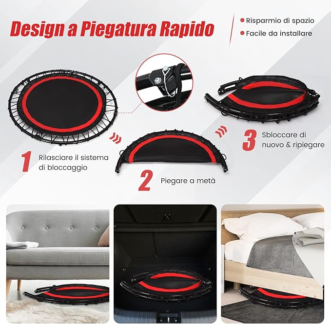 Mini Trampolino Pieghevole 101cm, Trampolino Fitness per Adulti e Bambini,con Maniglia Altezza Regolabile, Capacità di Carico 150 kg