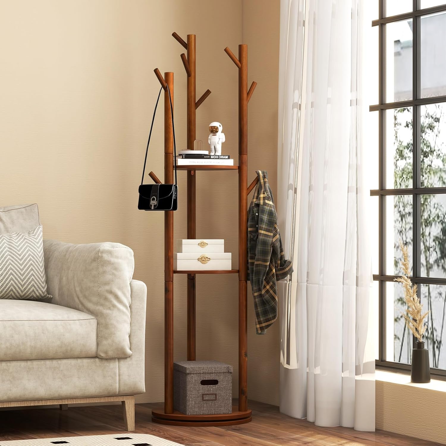 Attaccapanni girevole a forma di albero, Appendiabiti con 3 Ripiani e 9 Ganci, Appendiabiti 167 cm per Ingresso Salotto Camera da Letto