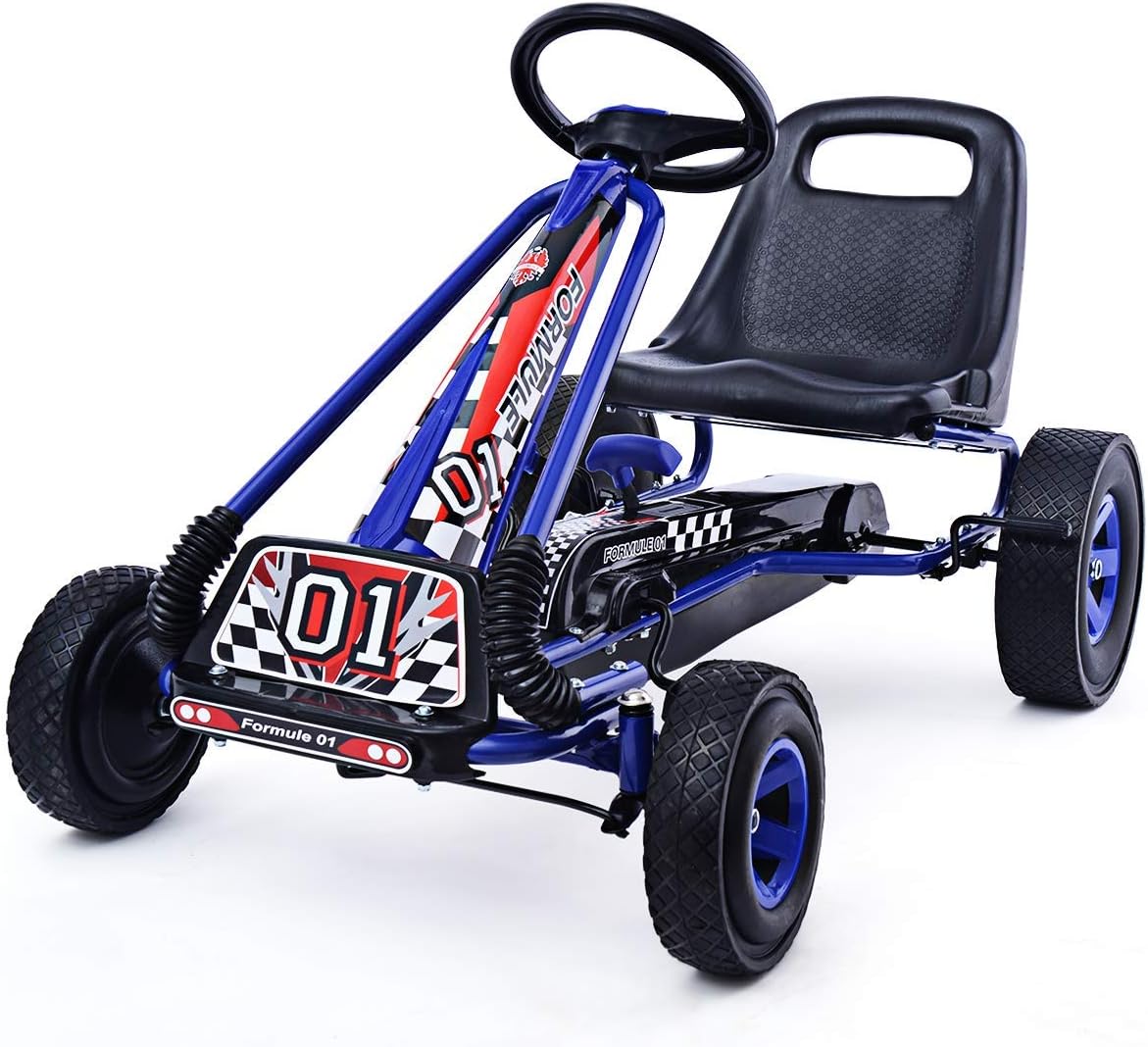 Go Kart a Pedali per Bambini, con Sedile Regolabile e Freno a Mano, Go Kart Veicolo per Bambini 3-8 Anni, Portata Massima 30 kg (Blu)