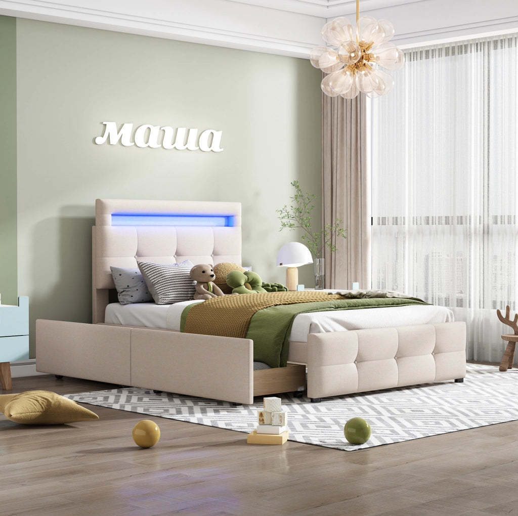 Letto imbottito matrimoniale 90x200 cm con LED e 2 cassetti; beige