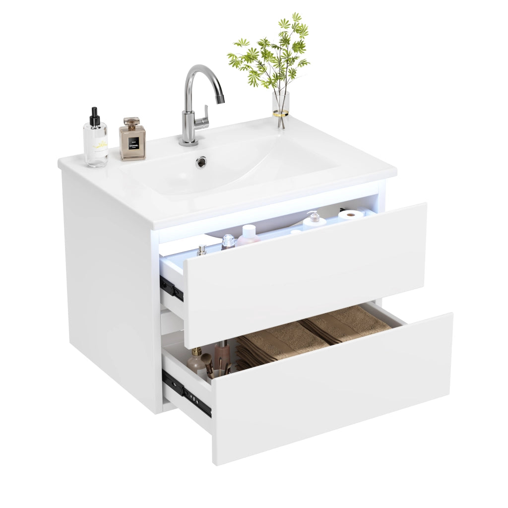 Mobile Bagno Sospeso con Lavabo Integrato e LED ¨C MINIMAL ¨C Bianco, 2 Cassetti, 61x46x45 cm