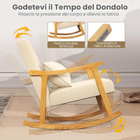 Sedia a Dondolo, Sedia Ergonomica Relax con Schienale Alto e Cuscino Seduta Imbottito, Struttura in Legno di Gomma Naturale e Cuscino Lombare Morbino, Poltrona Moderno per Soggiorno (Beige)