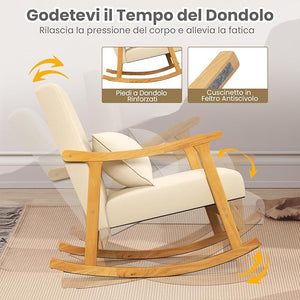Sedia a Dondolo, Sedia Ergonomica Relax con Schienale Alto e Cuscino Seduta Imbottito, Struttura in Legno di Gomma Naturale e Cuscino Lombare Morbino, Poltrona Moderno per Soggiorno (Beige)