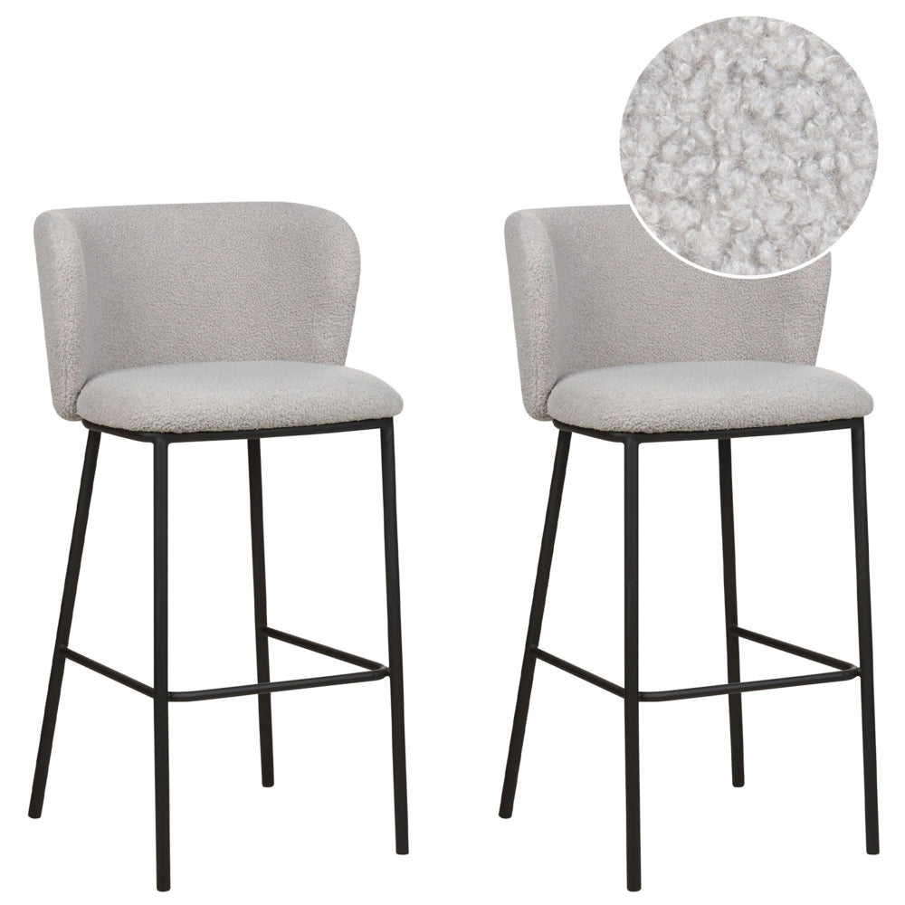 Set di 2 sedie da bar Rivestimento in bouclé grigio Gambe in metallo nero Sgabelli senza braccio Schienale curvo Sala da pranzo moderna Cucina