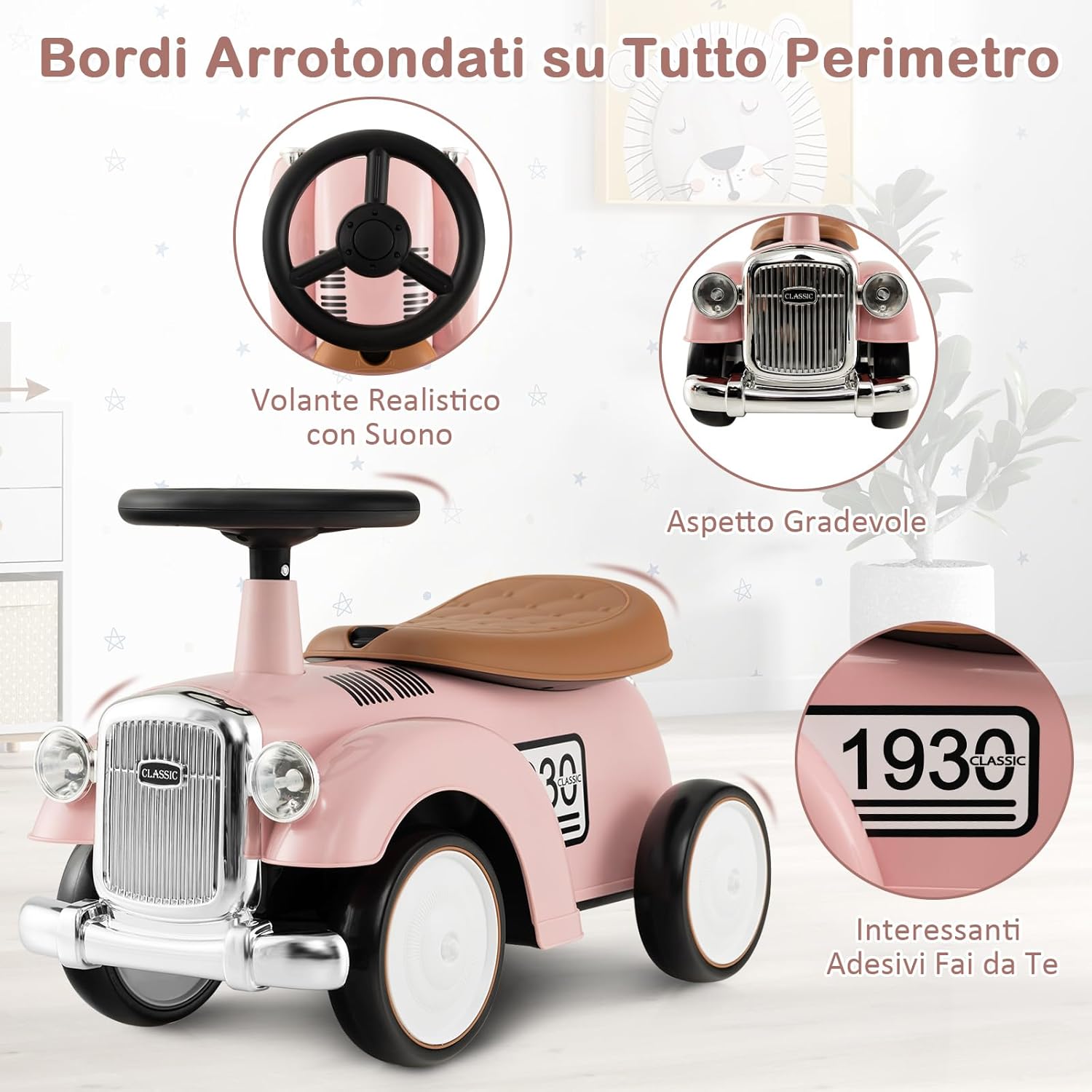Macchinina Cavalcabile a Spinta per Bambini, Macchinina Giocattolo con Spazio di Archiviazione Ruote e Adesivi, Regalo per Bambini 18-36 Mesi (Rosa)