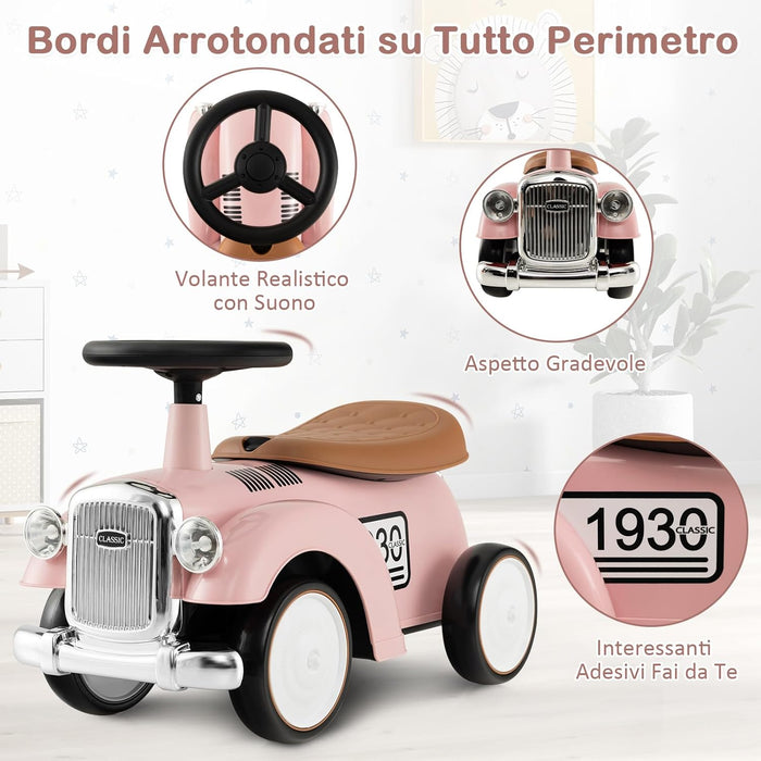 Macchinina Cavalcabile a Spinta per Bambini, Macchinina Giocattolo con Spazio di Archiviazione Ruote e Adesivi, Regalo per Bambini 18-36 Mesi (Rosa)