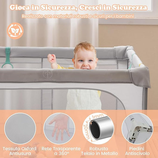 Box per Bambini 127 x 127 cm, Recinto per Bambini Pieghevole in Tessuto Oxford con Rete Traspirante, Box con Giochi che Include 50 Palline, 4 Pezzi Anelli e Borsa (Grigio, 127 x 127 cm)