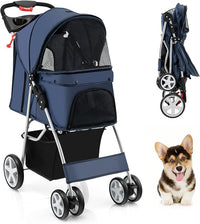 Passeggino per Cani Piccoli Pieghevole, Fino a 15 kg, Ruote 360° con Freni, Cuscino, Porta Doppio, Finestre, Cestino, Portabicchieri, Carrozzina Portatile (Blu)
