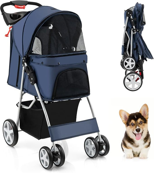 Passeggino per Cani Piccoli Pieghevole, Fino a 15 kg, Ruote 360° con Freni, Cuscino, Porta Doppio, Finestre, Cestino, Portabicchieri, Carrozzina Portatile (Blu)