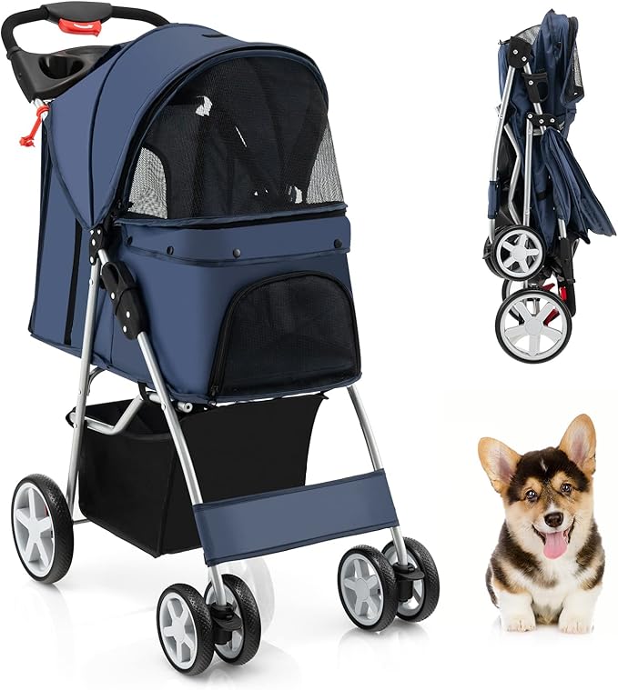 Passeggino per Cani Piccoli Pieghevole, Fino a 15 kg, Ruote 360° con Freni, Cuscino, Porta Doppio, Finestre, Cestino, Portabicchieri, Carrozzina Portatile (Blu)
