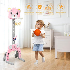Canestro da Basket, Centro Attività 3 in 1 per Bambini, Canestro da Basket con Porta da Calcio e Gioco degli Anelli, Set Basket e Calcio a Forma di Orso, Ideale per Bambini (Rosa)