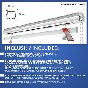 Binario Tenda a Pacchetto 5 Calate con cassone, Bastone Attacco Parete/Soffitto, Binario in Alluminio Bianco Lunghezza 180 CM Comando a destra