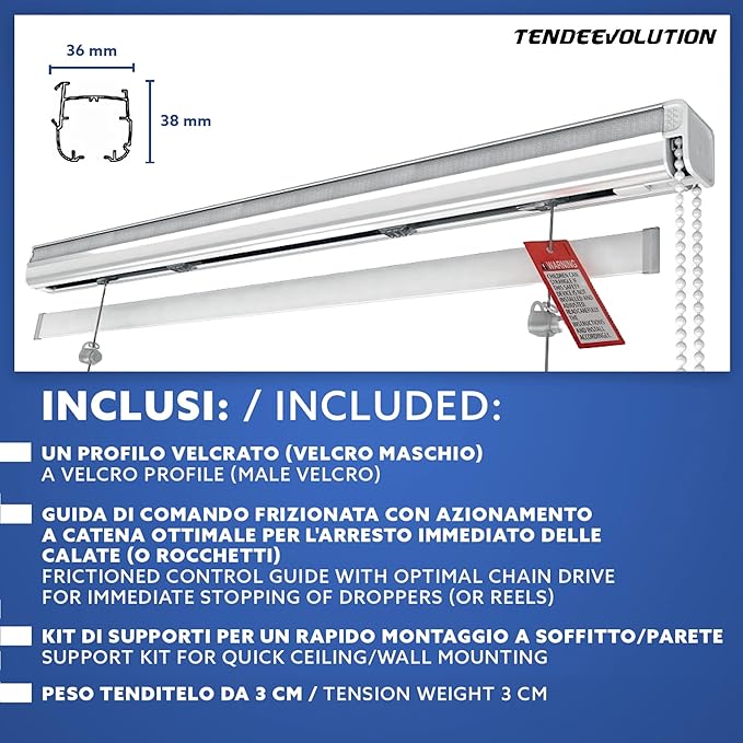 Binario Tenda a Pacchetto 3 Calate con cassone, Bastone Attacco Parete/Soffitto, Binario in Alluminio Bianco Lunghezza 120 CM Comando a destra