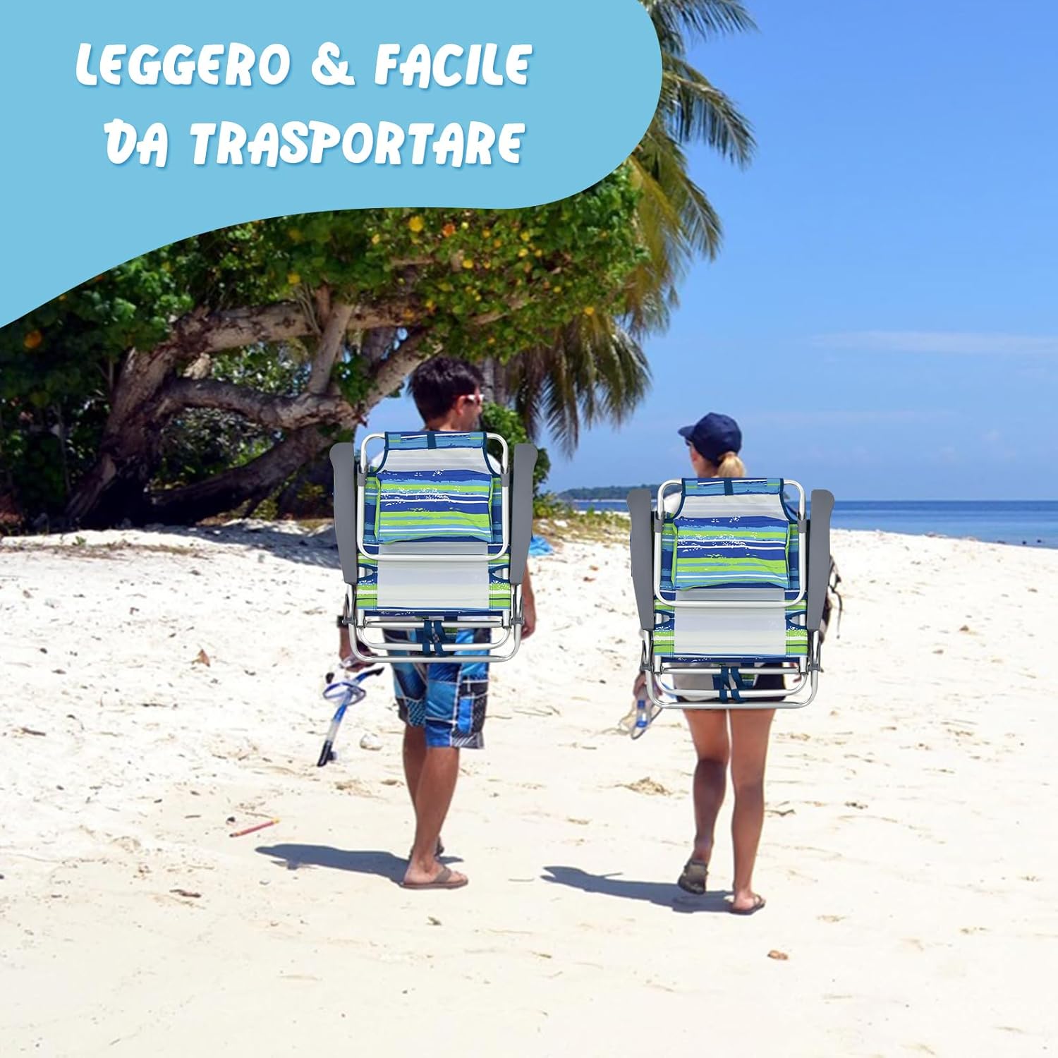Set di Sedie da Spiaggia e Tavolino, Sedie da Esterno Reclinabili con Tavolino da Campeggio, Set di Tavolino in Alluminio e 2 Sedie Pieghevoli da Spiaggia a 5 Posizioni (Blu+Verde)