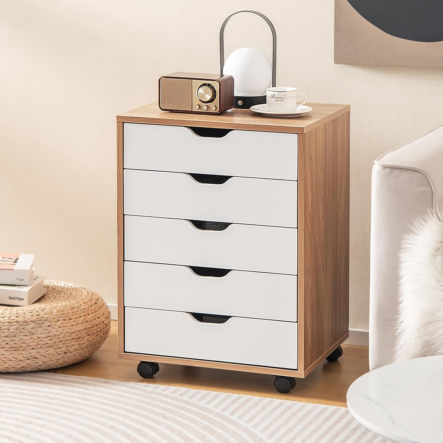 Cassettiera da Ufficio con 5 Cassetti e Ruote, Mobiletto Multiuso per Documenti e Cosmetici, Comodino con Ruote per Camera da letto Studio Ufficio e Soggiorno (Naturale)