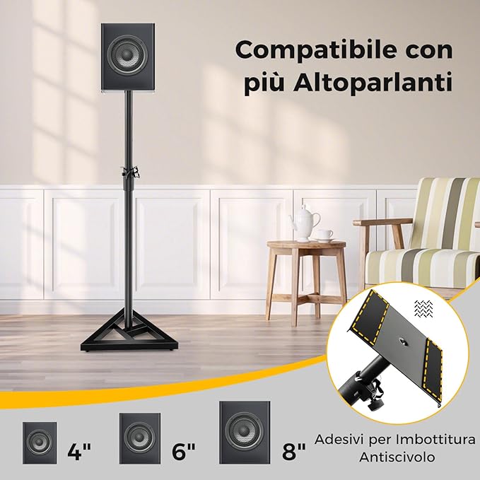 Supporti Regolabili in Metallo per Altoparlante da Terra, 2 Supporti per Casse con Base Triangolare Stabile, Adesivi Antiscivolo, Altezza Regolabile da 97-157 cm