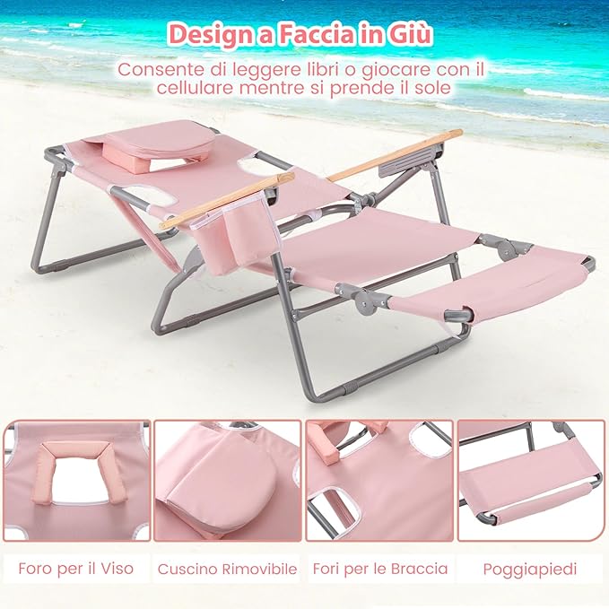 Sedia da Spiaggia Pieghevole 3 in 1, con Foro per il Viso, Poggiapiedi, Schienale Regolabile, Cuscino, Poltrona Prendisole per Spiaggia, Campeggio, Bordo, Piscina, Portata 150 kg (Rosa)