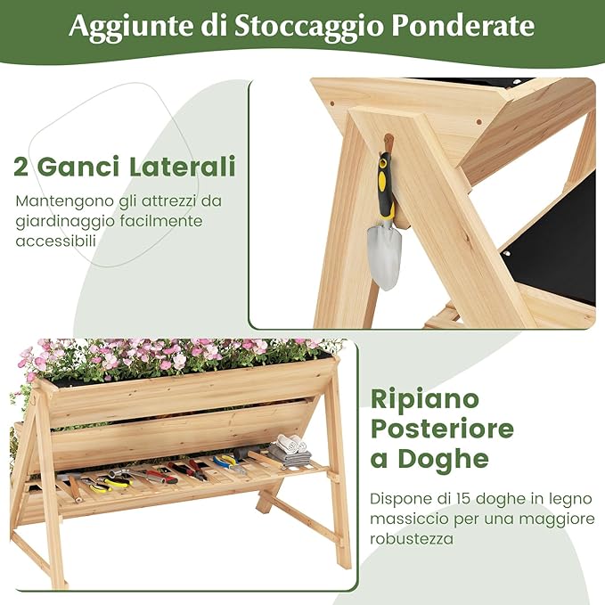 Letto Rialzato da Giardino a 3 Livelli, Fioriera Verticale in Legno con Ripiano, 2 Ganci e 3 Fodere per Letti, Aiuola Rialzata per Patio, Balcone, Naturale