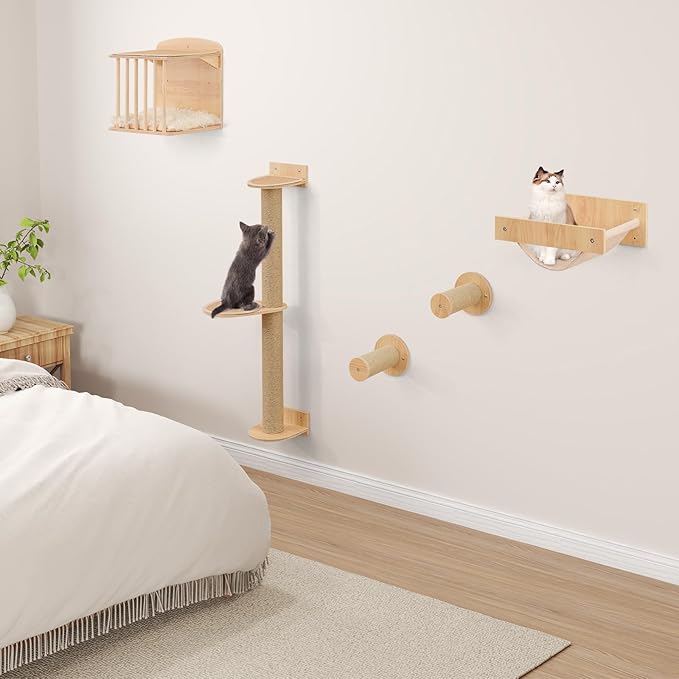 Mensole da Parete per Gatti da Arrampicata, Set Mobili a Murocon 4 Livelli, Amaca, Posto per Graffiare e Tappetini, Albero Tiragraffi Salvaspazio (Modello 5)