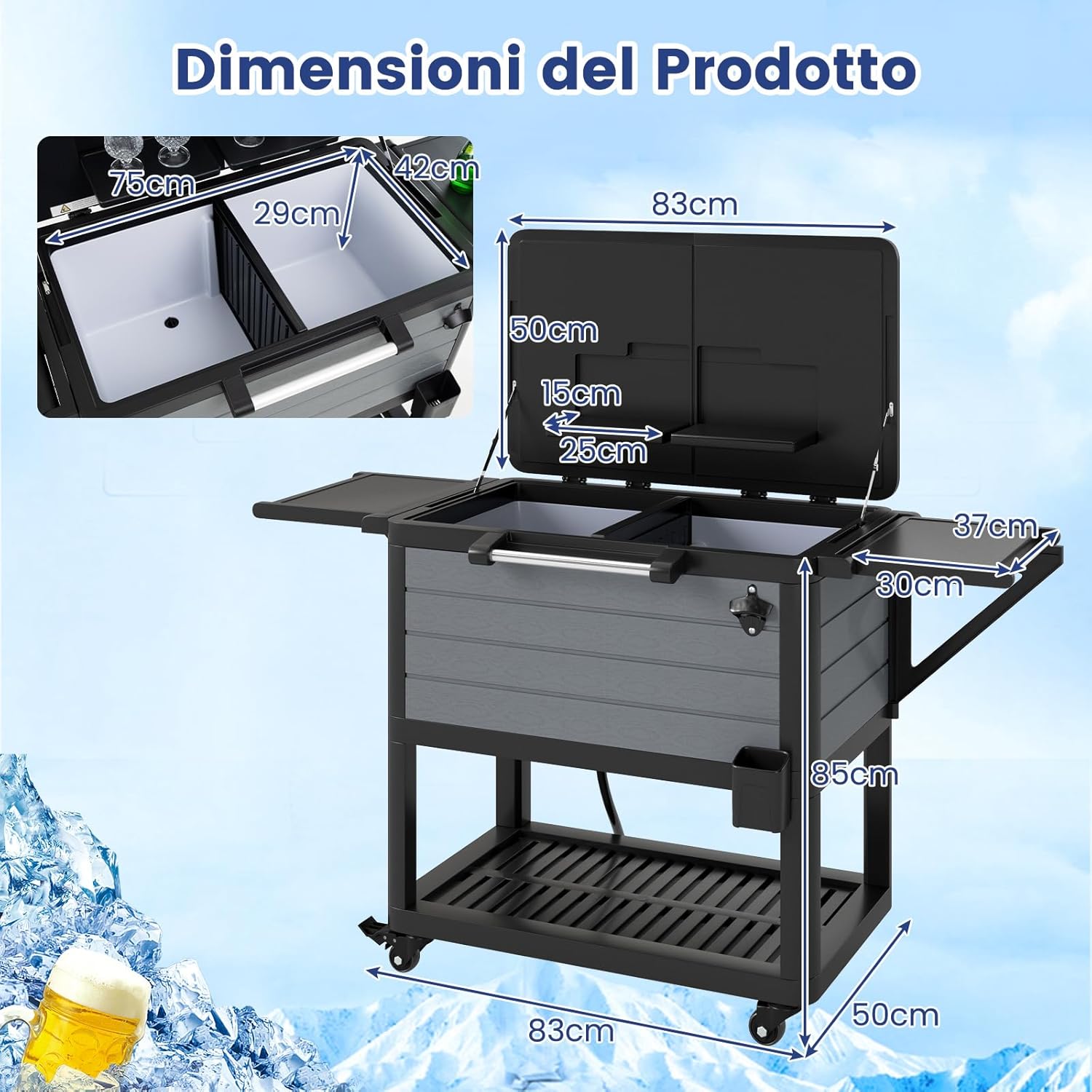 Carrello Porta Ghiaccio su Ruote 83 x 50 x 85 cm, Carrello Refrigerante con Ripiani di Stoccaggio e Apribottiglie, Portata 91 L, Frigorifero Portavivande da Esterno per Feste e Barbecue
