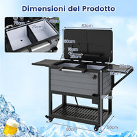 Carrello Porta Ghiaccio su Ruote 83 x 50 x 85 cm, Carrello Refrigerante con Ripiani di Stoccaggio e Apribottiglie, Portata 91 L, Frigorifero Portavivande da Esterno per Feste e Barbecue