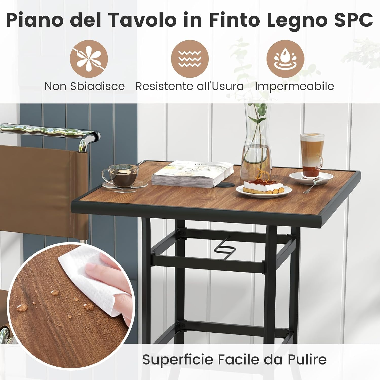 Tavolino da Giardino da 70 cm, Tavolino Quadrato con Piano in Finta Legno, con Foro per Ombrellone da 39 mm, Telaio Metallico, Tavolo Alto da Bistro, Portata 50 kg, 70 x 70 x 102 cm