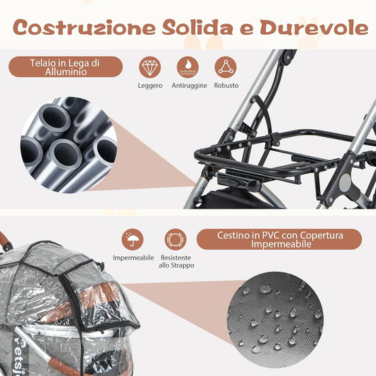 Passeggino per Animali 3 in 1, Passeggino per Cani Gatti Pieghevole con Copertura Impermeabile, Carrello Pieghevole per Animali Domestici con 4 Ruote, 78 x 47,5 x 105 cm