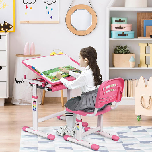 Scrivania per Bambini Tavolo per Studenti con Sedia Inclinabile Regolabile in Altezza, Ergonomica, Vari Colori Disponibili (Rosa)