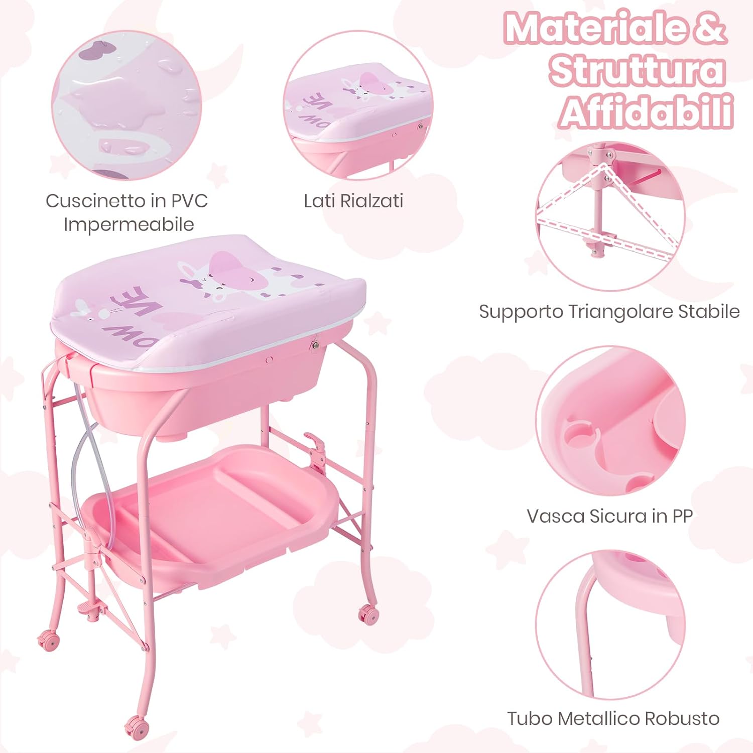 Fasciatoio con Vaschetta per Bambini, Vasca da Bagno per Neonati, Fasciatoio Pieghevole con Materassino, Cestino Portaoggetti, Ruote con Freno, Portata 35kg+15kg (Rosa)