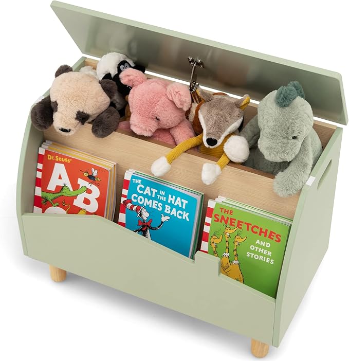 Scaffale dei Giocattoli per Bambini in Legno, Libreria per Bambini con Ripiano Espositivo e Contenitore con Coperchio Apribile, Ideale per Cameretta e Nido, 60 x 30 x 44 cm (Verde)