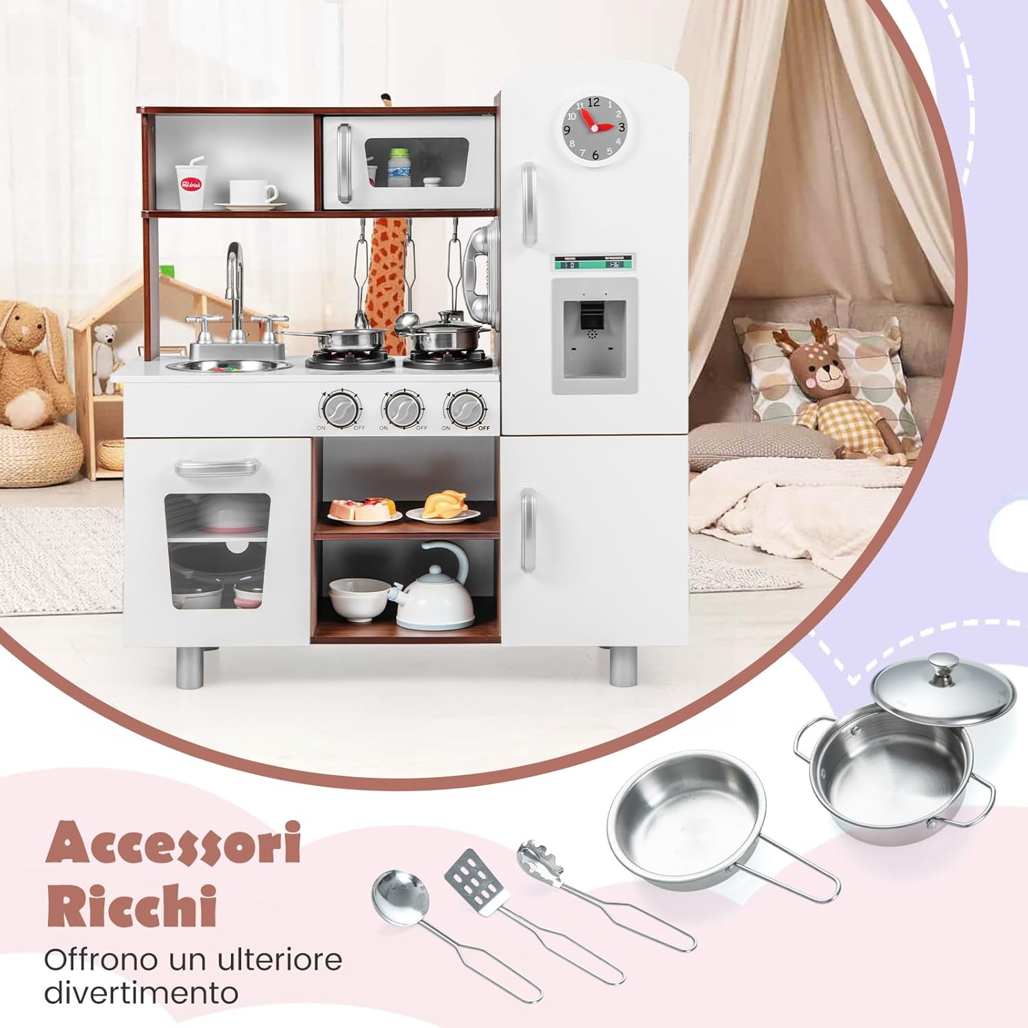 Cucina Giocattolo per Bambini, Cucina Legno per Bambini con Forno, Microonde, Frigorifero, Macchina del Ghiaccio, Lavello e Rubinetto, Funzione Luci e Suoni, per Bambini 3 Anni+