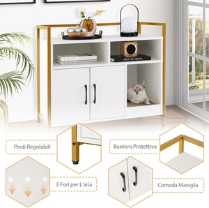 Mobile per Lettiera Gatti con Ripiani Aperti e Ripiani Chiusi con Maniglie, Mobiletto Multiuso in Legno e Metallo, Ideale per Ingresso e Soggiorno, Portata 50 kg (Bianco)