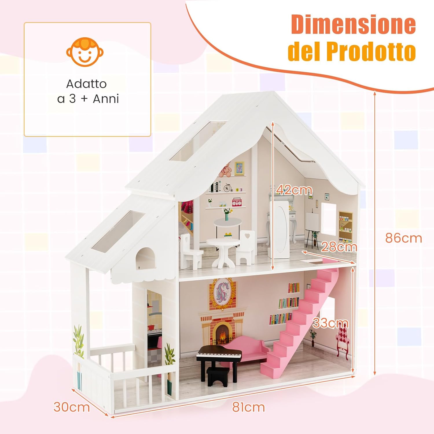 Casa delle Bambole in Legno per Bambini, Casa delle Bambole con Stanze e Set di Mobili, 2 Grandi Lucernari e Carta da Parati, per Bambini 3 Anni+, Bianco