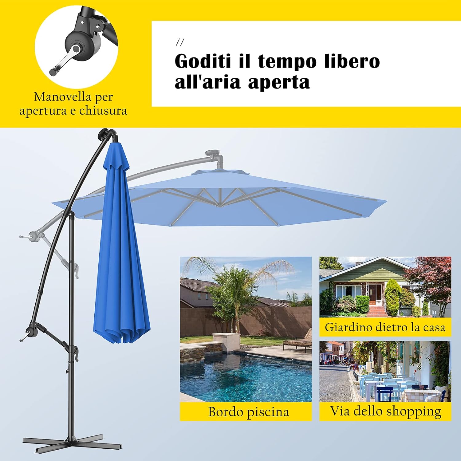 Ombrellone da Giardino con Luci LED, Diametro 3M, Ombrellone da Esterno con Inclinazione Regolabile e 8 Costole, Protezione UV, Ideale per Piscina, Balcone, Giardino, Bar (Blu)