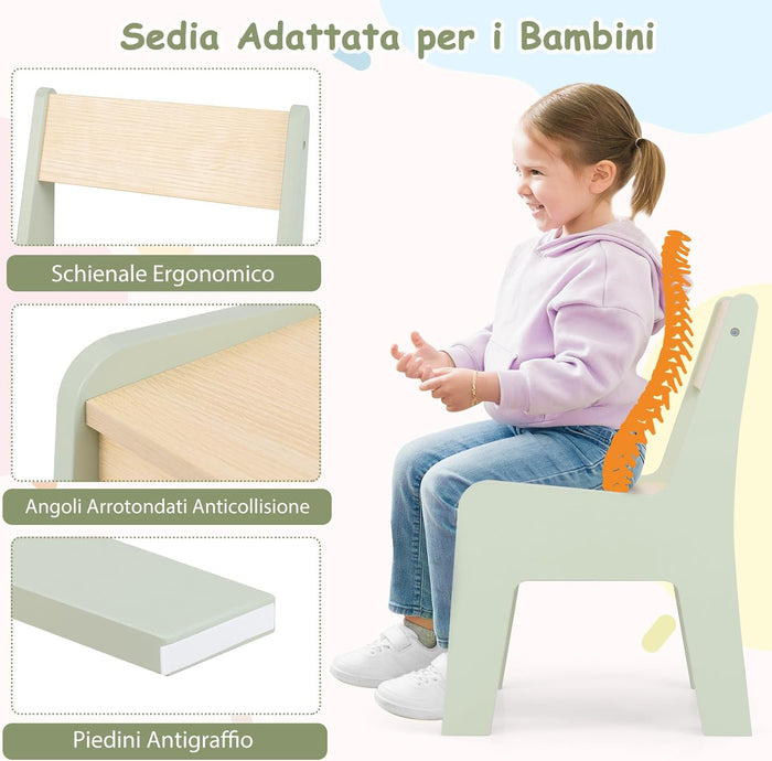 Tavolo a Forma di Elefante con Sedie 2 in 1, Set Tavolo e Sedie in Legno con Piano Rimovibile, Spazio di Archiviazione e Porta Rotolo di Carta per Aula per Cameretta, Aula e Asilo, Verde