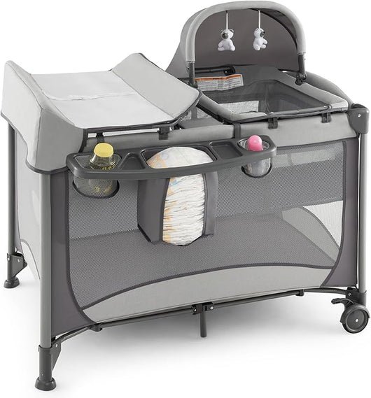 Lettino da Campeggio con Materasso, Lettino Pieghevole per Bambini con Fasciatoio, Culla da Viaggio con Ruote, Giocattolo, Lettino Bambini Staccabile, per Bambini 0-36 Mesi (Grigio)