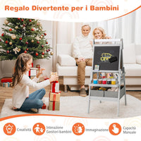 3 in 1 Cavalletto per Bambini, Cavalletto con Doppia Faccia Magnetica e Lavagna Bianca, Rotolo di Carta, 3 Bicchieri per Vernice e 2 Ceste in Tessuto, per Bambini 3-6 Anni (Grigio)