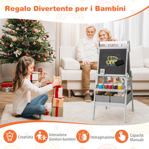 3 in 1 Cavalletto per Bambini, Cavalletto con Doppia Faccia Magnetica e Lavagna Bianca, Rotolo di Carta, 3 Bicchieri per Vernice e 2 Ceste in Tessuto, per Bambini 3-6 Anni (Grigio)