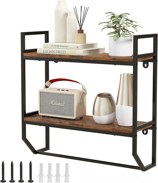 Scaffale a Muro 2 Livelli, Mensole a Parete con Barra Porta Asciugamani e Telaio in Metallo, Scaffale da Parete per Bagno Soggiorno Cucina, Stile Industriale, 59x20x58 cm